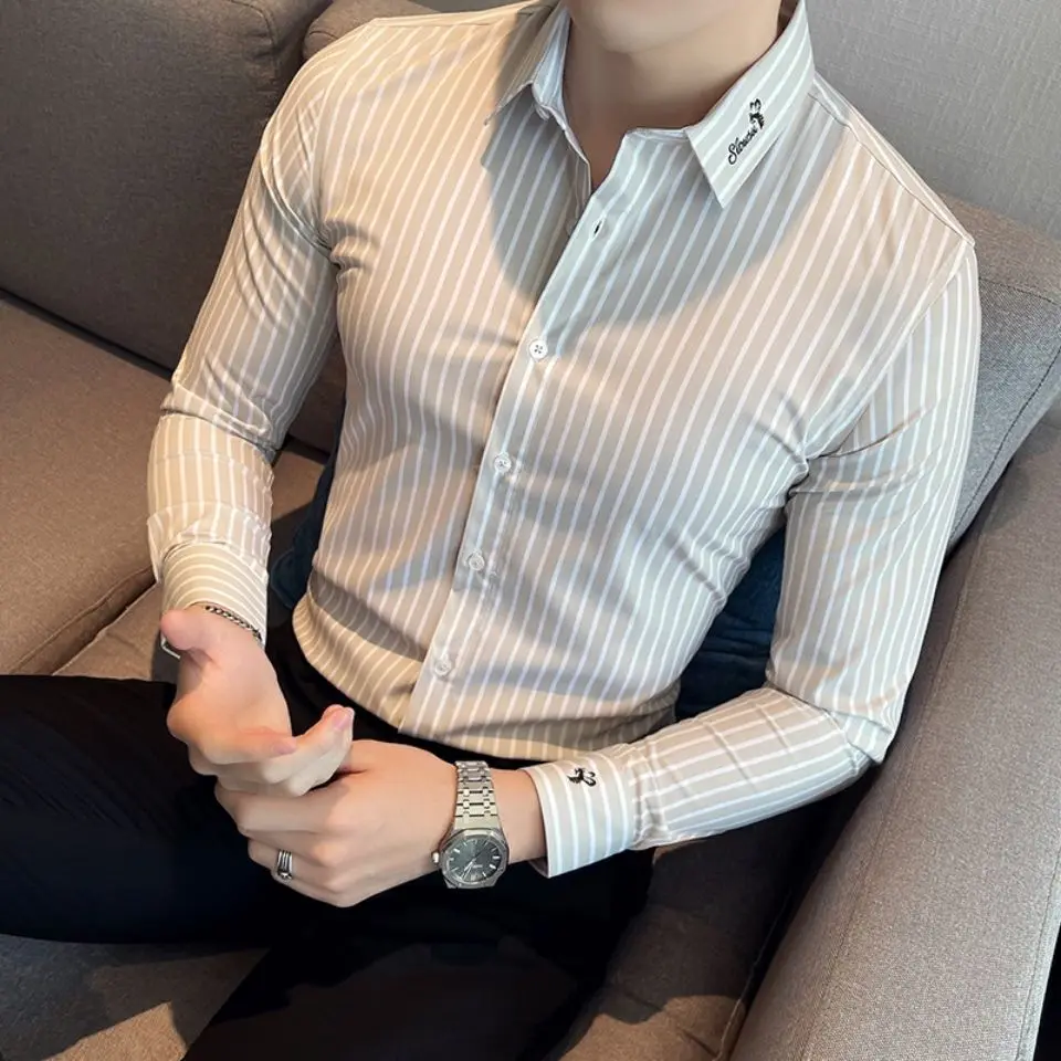 Men's long sleeve striped shirt anti-wrinkle embroidery spring and autumn business casual Korean slim handsome jacket