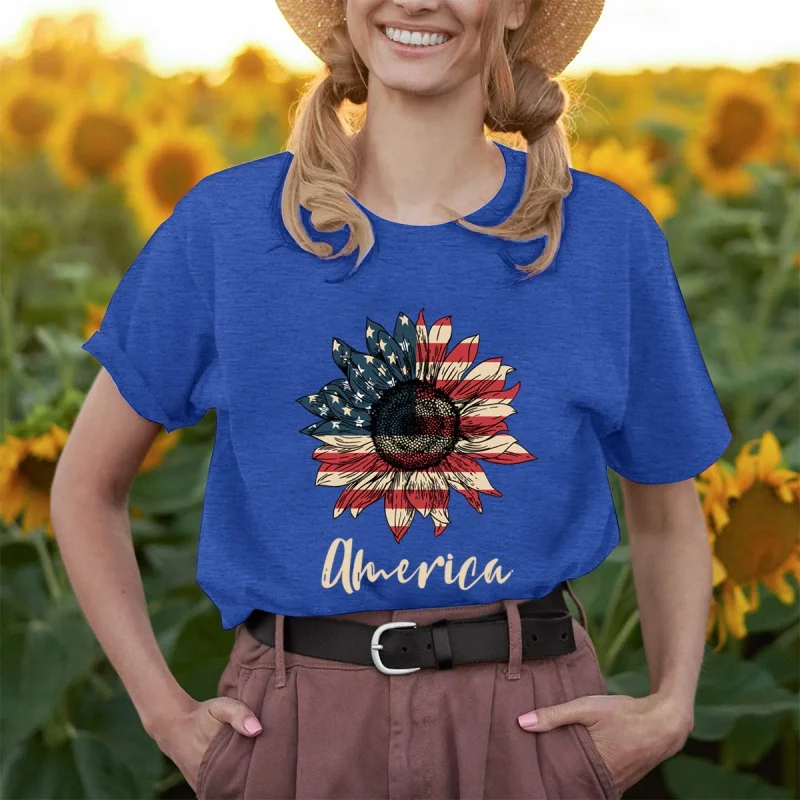 

American Independence Day holiday clothingAmerica sunflower American flag print short sleeve round neck T-shirt tops for women