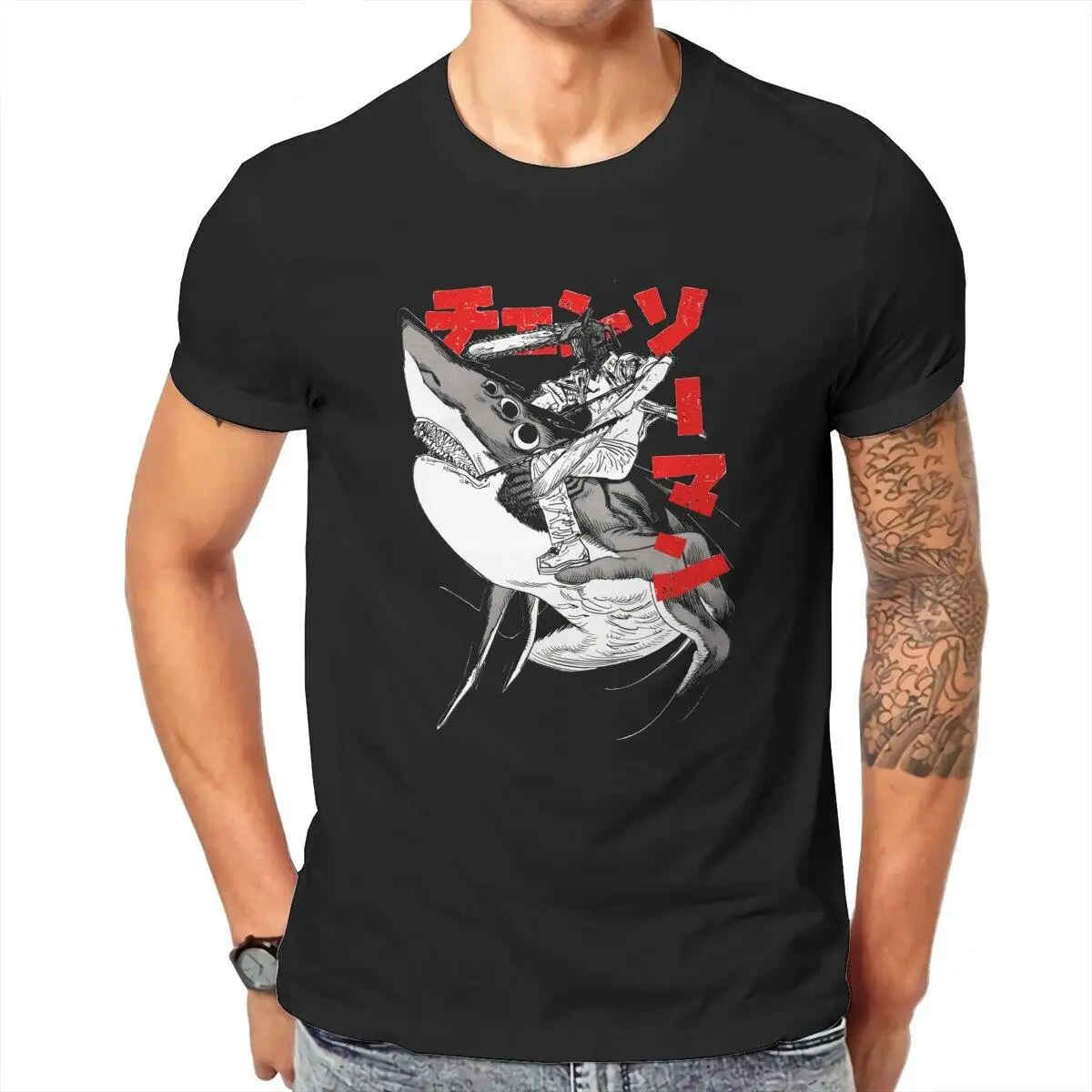 Novelty Chainsaw Man Riding Shark  T-Shirt for Men Crew Neck 100% Cotton T Shirts  Short Sleeve Tee Shirt Birthday Gift Tops