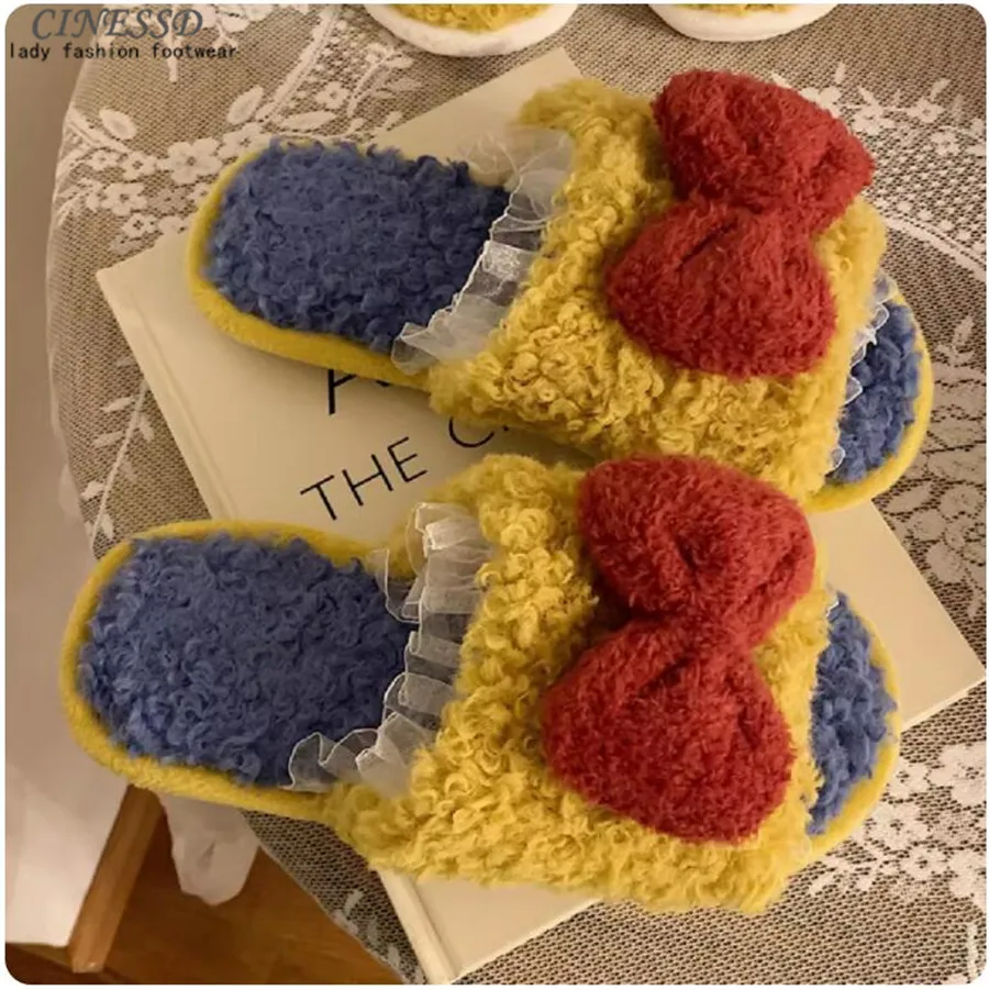 

Beautiful Princess Bowknot Slippers Girl Autumn Winter Fluffy Slippers House Home Womens Fuzzy Slippers Sweet Cotton Slippers