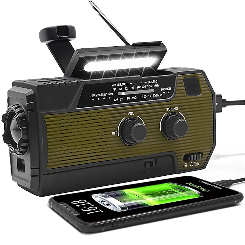 Фото Портативное FM-радио с функцией Power Bank 4000 мАч, AM/FM, на солнечной батарее, для выживания, с LED-фонариком, SOS-сигналом, ночное аварийное радио №1