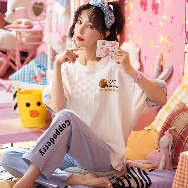 pajamas female summer short sleeved trousers pure cotton lovely girl spring autumn thin style summer two-piece home clothes