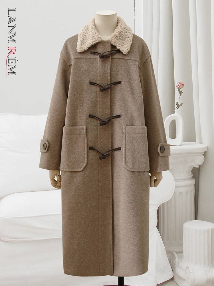 

LANMREM Korean Woollen Coat For Women Retro Single Breasted Long Sleeves Spliced Pockets Straight Warm Coats Winter New 32D760