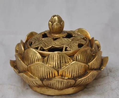 

Chinese Buddhism copper Brass Lotus lucky incense burner Censer Statue