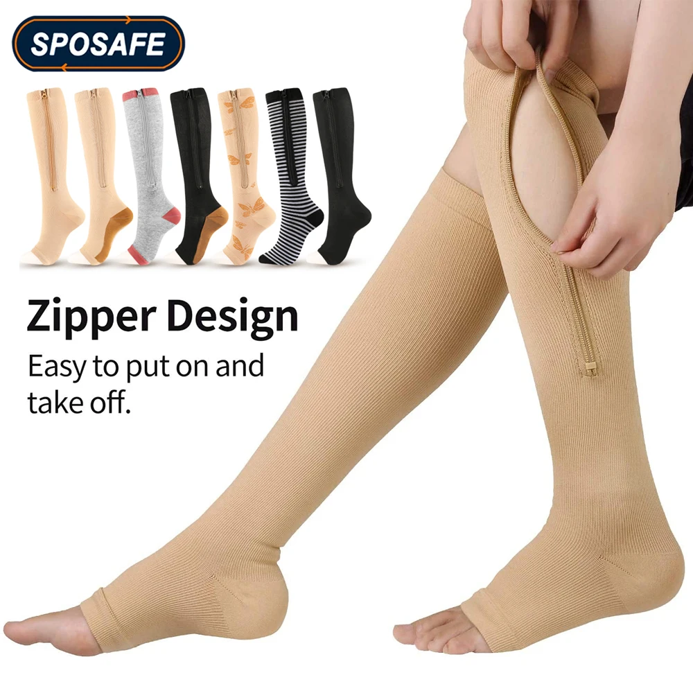 

1Pair Sports Open Toe Calf Zipper Compression Stockings Women Slim Sleeping Beauty Leg-Support for Prevent Varicose Veins