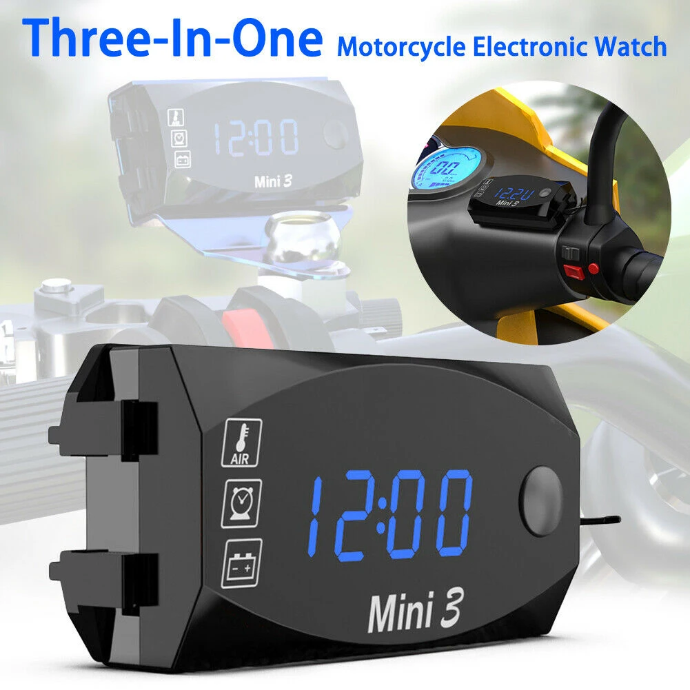 

3-in-1 LED Motorcycle Clock Voltage Thermometer Voltmeter DC 6V-30V Waterproof Voltmeter Electronic Clock Thermometer