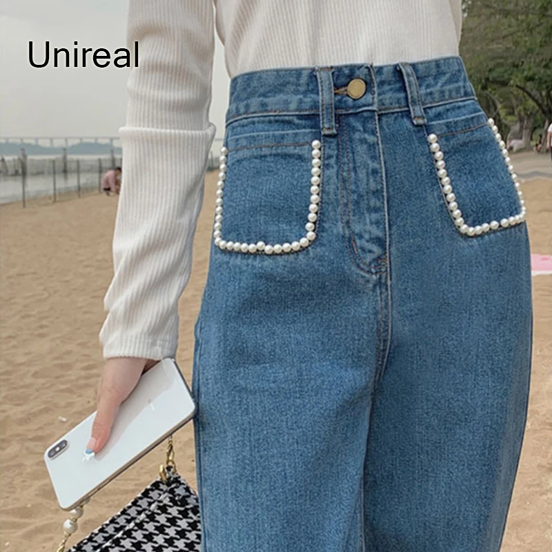

Женские джинсовые брюки с высокой талией Unireal, однотонные синие винтажные повседневные Прямые брюки из денима с бусинами и жемчужинами, лето-осень 2022