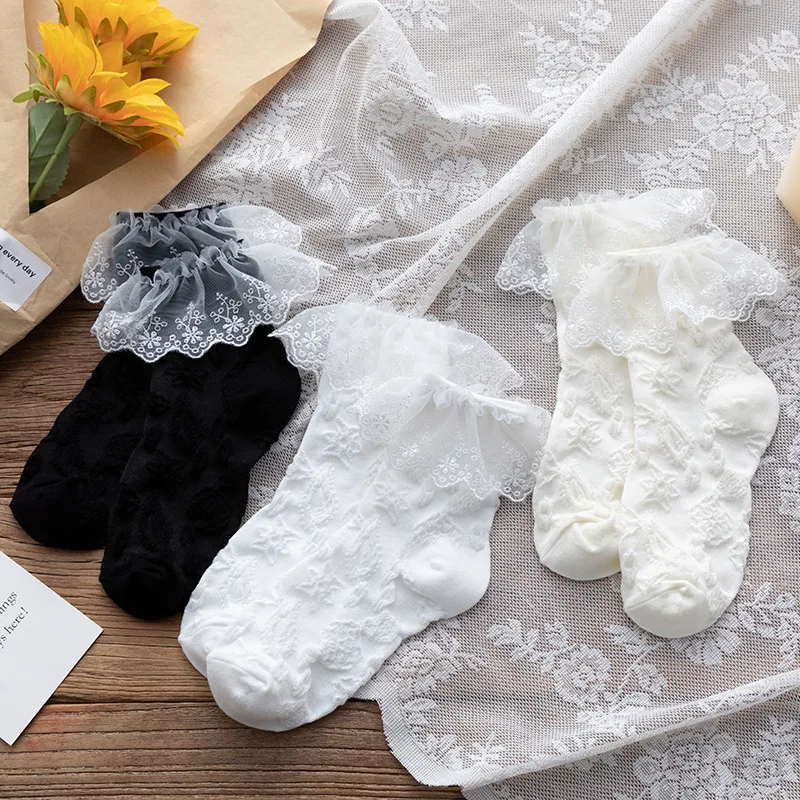 

Pile Socks Rose Woman Clothes Japanese Kawaii Solid Color Harajuku Lace Medium Tube JK Lolita Cotton Women's Underwear