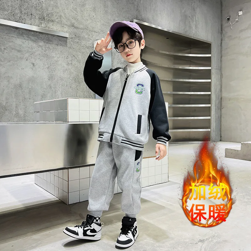 

Autumn Winter Junior Boy Fleece Baseball Uniform Suit Letter Sports Coats+Jogging Pants 2Pcs Outfit Sets Children Warm Tracksuit