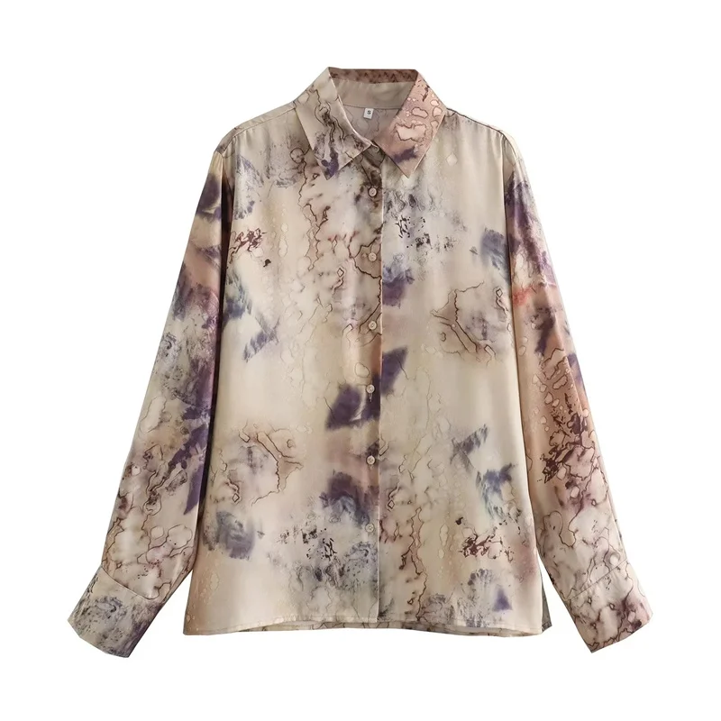 

TRAF 2023 Woman Printed Shirts Vintage Lapel Single Breasted Blouses Female Clothing Long Sleeve Casual Shirts Summer Chic Tops