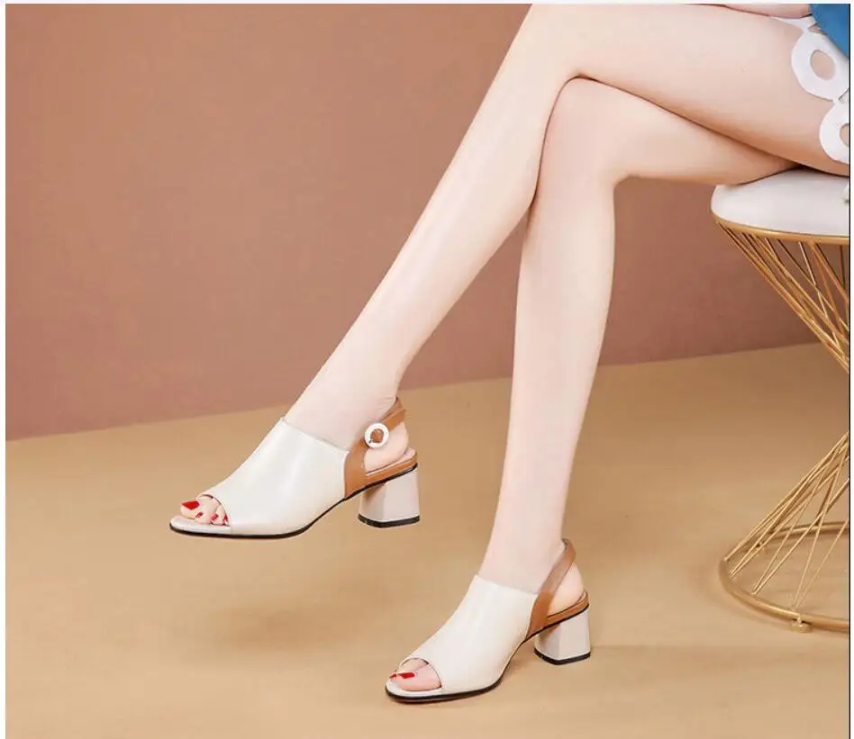 Women Shoes Genuine Leather High Heels Open Toe Back Strap Black Write Office Ladies Fashion Plus Size Summer Party Shoes
