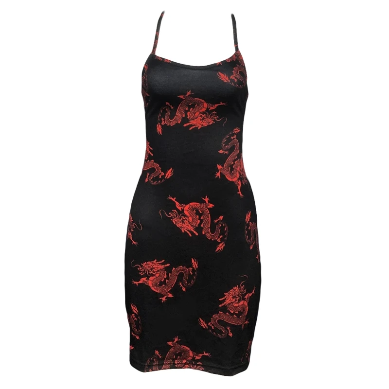 

MXMB Women Dark Goth Sexy Halter Backless Mini Bodycon Dress Criss-Cross Lace-Up Bandage Back Harajuku Dragon Print Package Hip