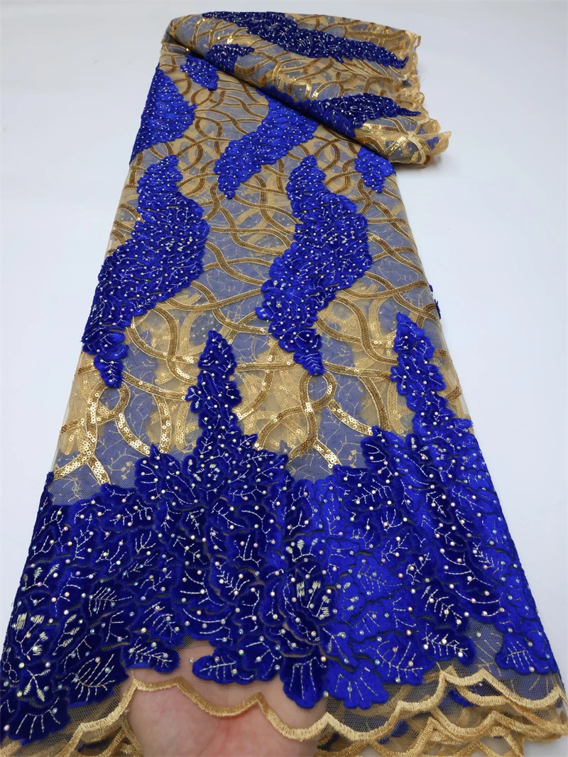 

Nigerian Velvet Lace High Quality Royal Blue Sequins French Latest Stones Embroidery Fabric Party Asoebi Nigerian African French