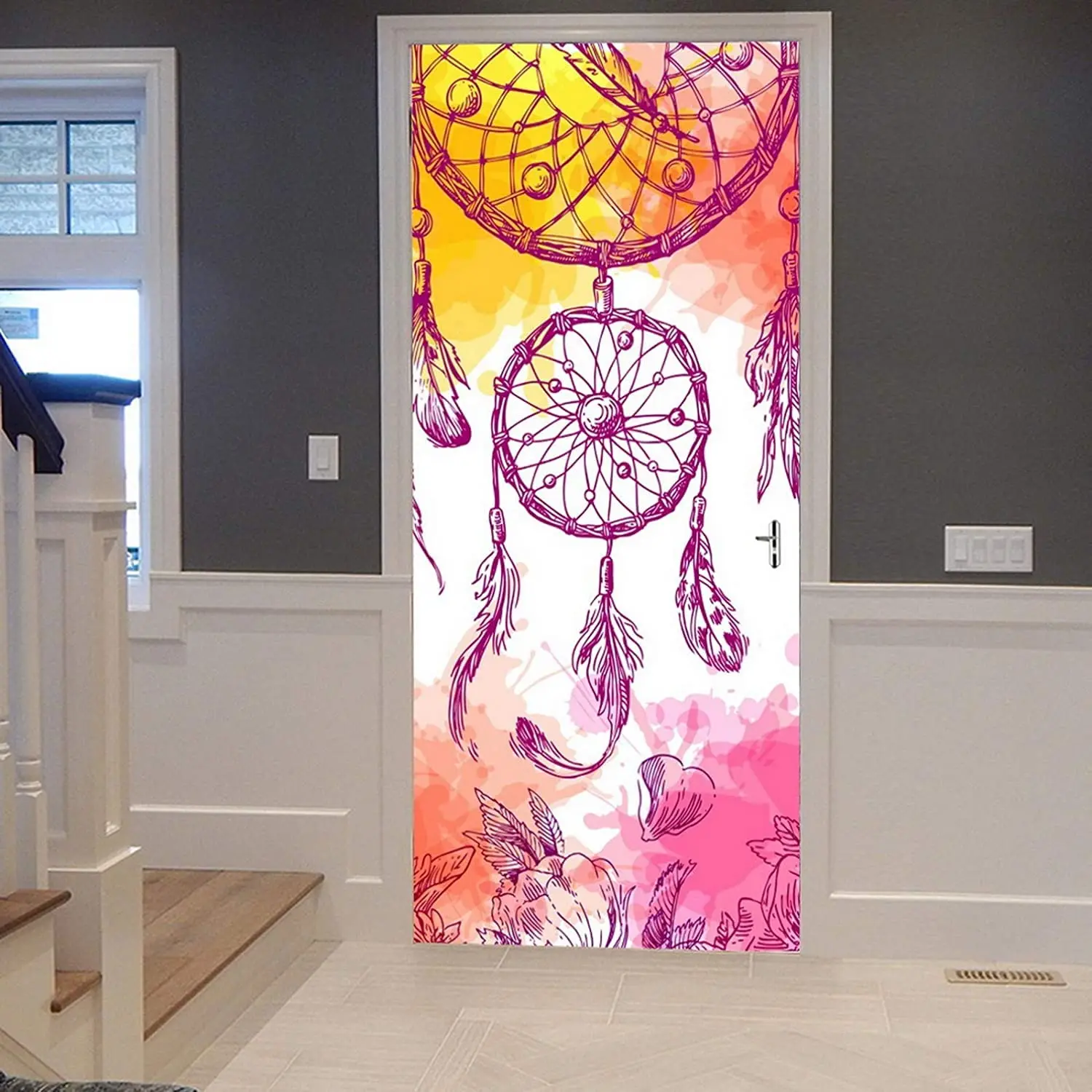 Наклейка на дверь с изображением Ловца снов волка звездная фотография