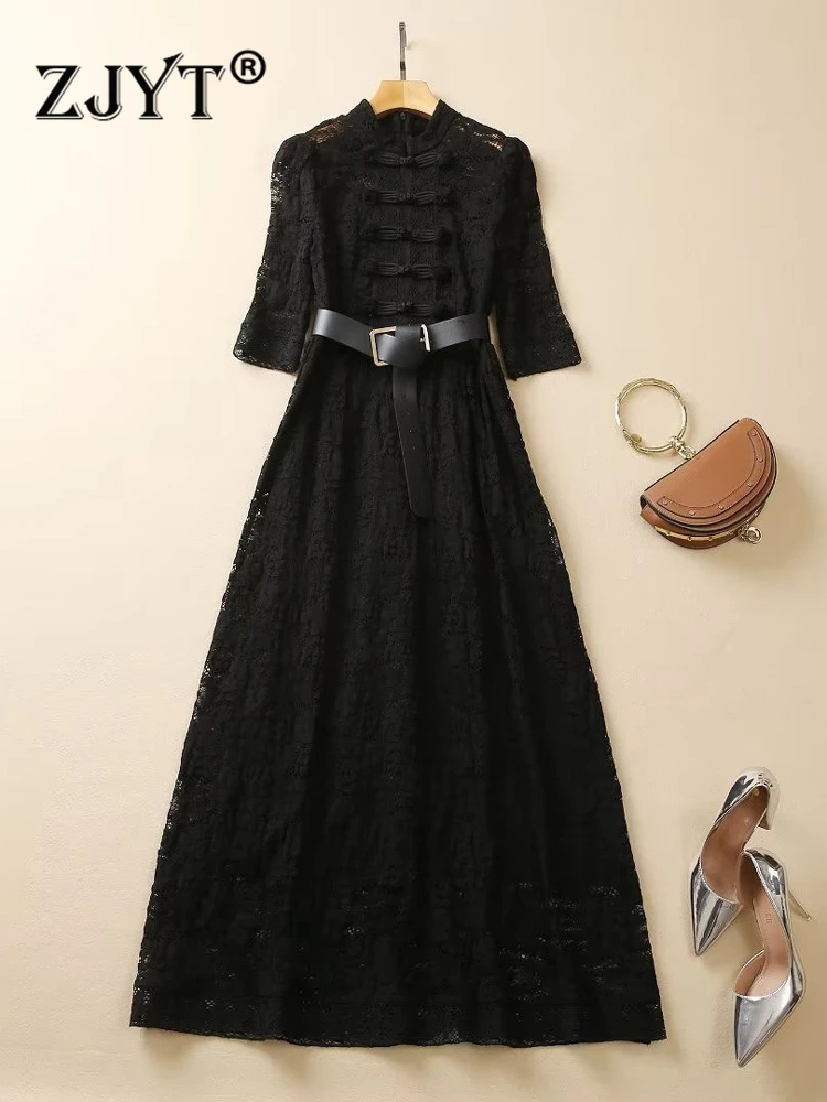 

ZJYT Summer Black Lace Long Dresses for Women Party 2023 Runway Vintage Cheongsam Vestidos Chinese Style Maxi Robe Femme Beige