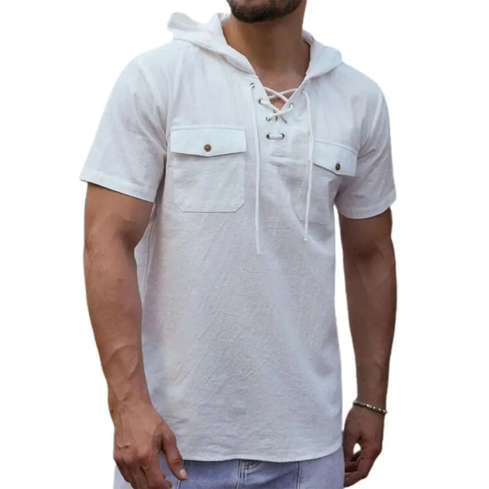

Men Shirt Solid Color Hooded Short Sleeve Loose Summer Top for Daily Wear