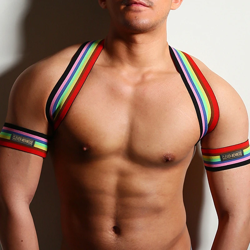 

CLEVER-MENMODE Men's Sexy Harness Elastic Rainbow Striped Chest Halter Body Neck Bondage Belt with 2 pcs Armband Fetish Costume
