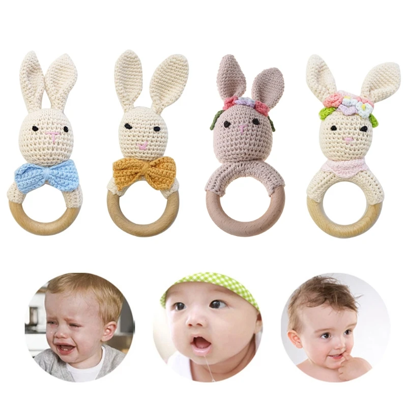 Baby Wooden Teether Ring DIY Crochet Bunny Rattle Soother Bracelet Molar Toys