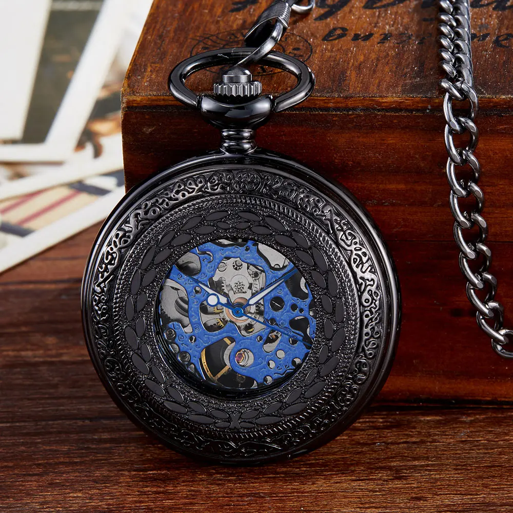 Hollow Mechanical Pocket Watch Harvest Symbol Steampunk Skeleton Hand-winding Fob Watches With Chain For Men Women Pendant Retro