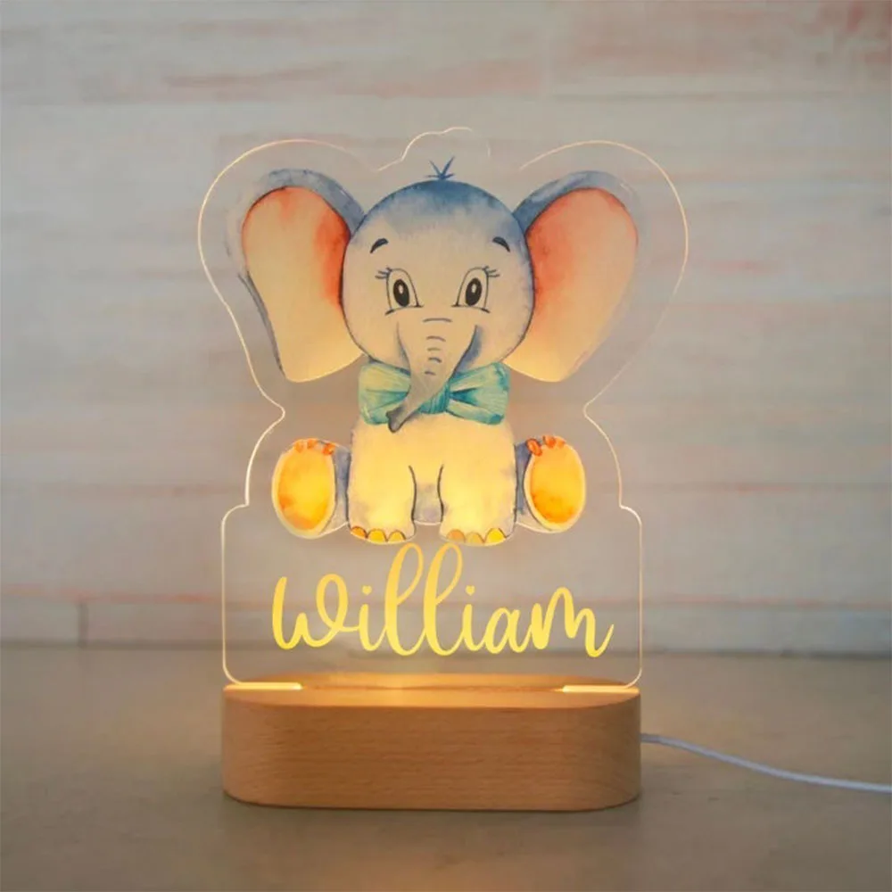 Personalized Baby Elephant Lion LED USB 7 Colors Night Light Custom Name Acrylic Lamp For Kids Children Bedroom Home Decoration images - 6