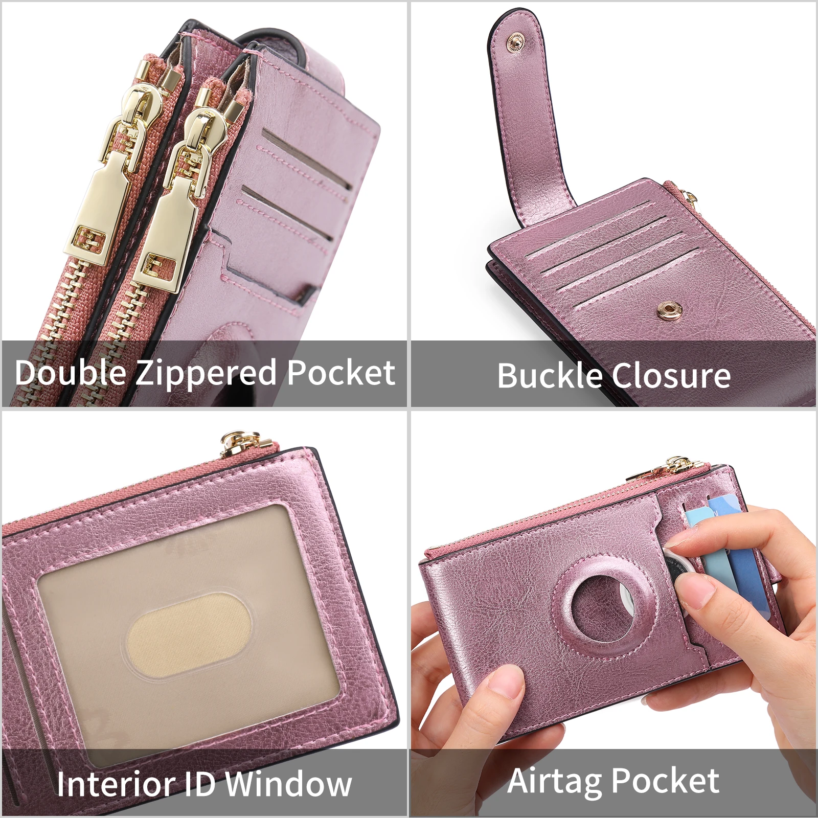 Double Zipper Airtag Wallet Holder Genuine Leather RFID Blocking 13 Card Slots Wallet for Men Women Airtag Tracking Case