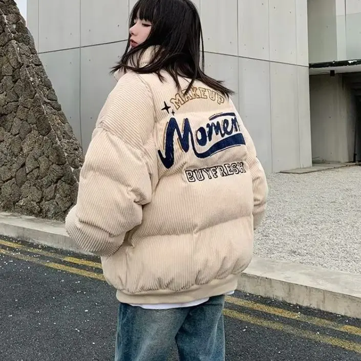 Retro Corduroy Thick Parka Coat Loose Women Winter Fashion Street Hip-Hop Letter Printing Warm Oversized Jacket Harajuku Y2K