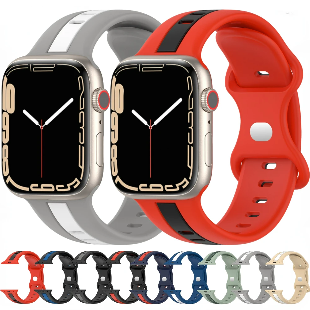 

Silicone Strap For Apple Watch Bands 45mm 41mm 44mm 40mm 42mm 38mm 45 44mm Two-color Bracelet iWatch Series 8 Ultra 7 6 5 4 3 SE