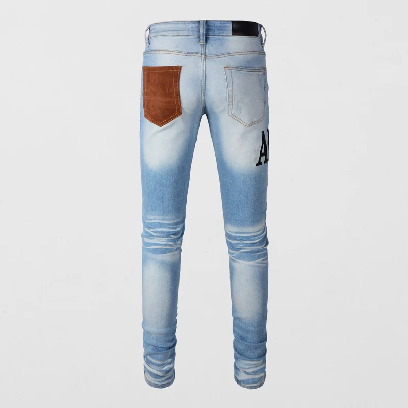 Джинсы мужские Стрейчевые в стиле ретро модные облегающие светло-голубые джинсы