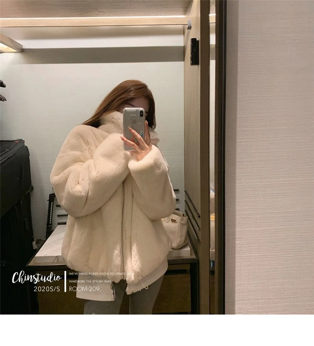 Women's Plush Coat Stand-up Collar Warmth and Thick New Youth Imitation Rex Rabbit Fur Fashion Western Style Imitation Fur Coat