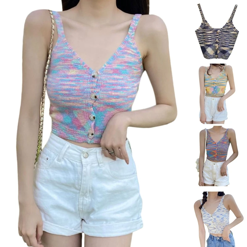 Женский трикотажный топ на бретелях-спагетти с пуговицами и глубоким V-образным