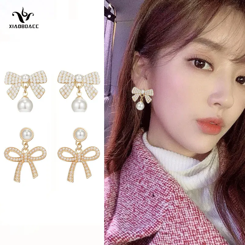 

XiaoboACC 925 Silver Needle Baroque Pearl Drop Earrings for Woman Fashion Bowknot Dangle Earrings Jewellery