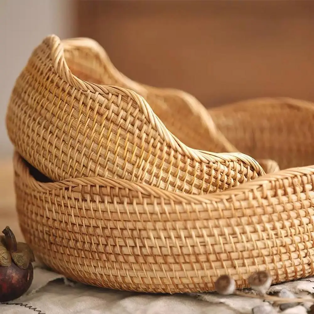 

Round Rattan Woven Storage Basket Fruit Bread Food Kitchen Home Decor Organizer