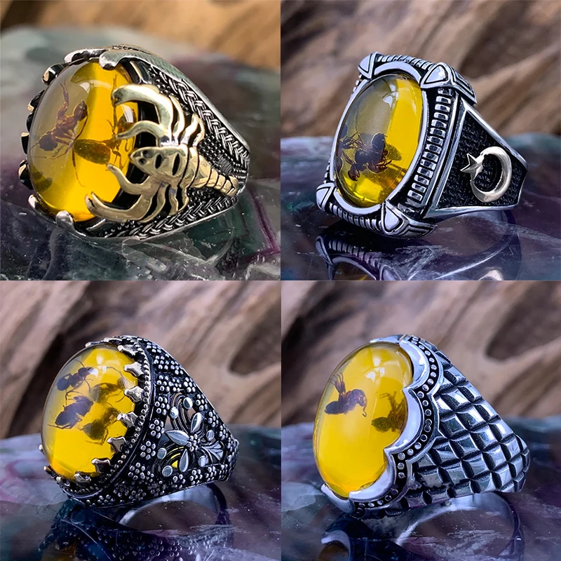 

Vintage Big Oval Natural Agate Stone Ring for Men Retro Inlaid Yellow Red Zircon Ant Ring for Women Wedding Band Jewelry