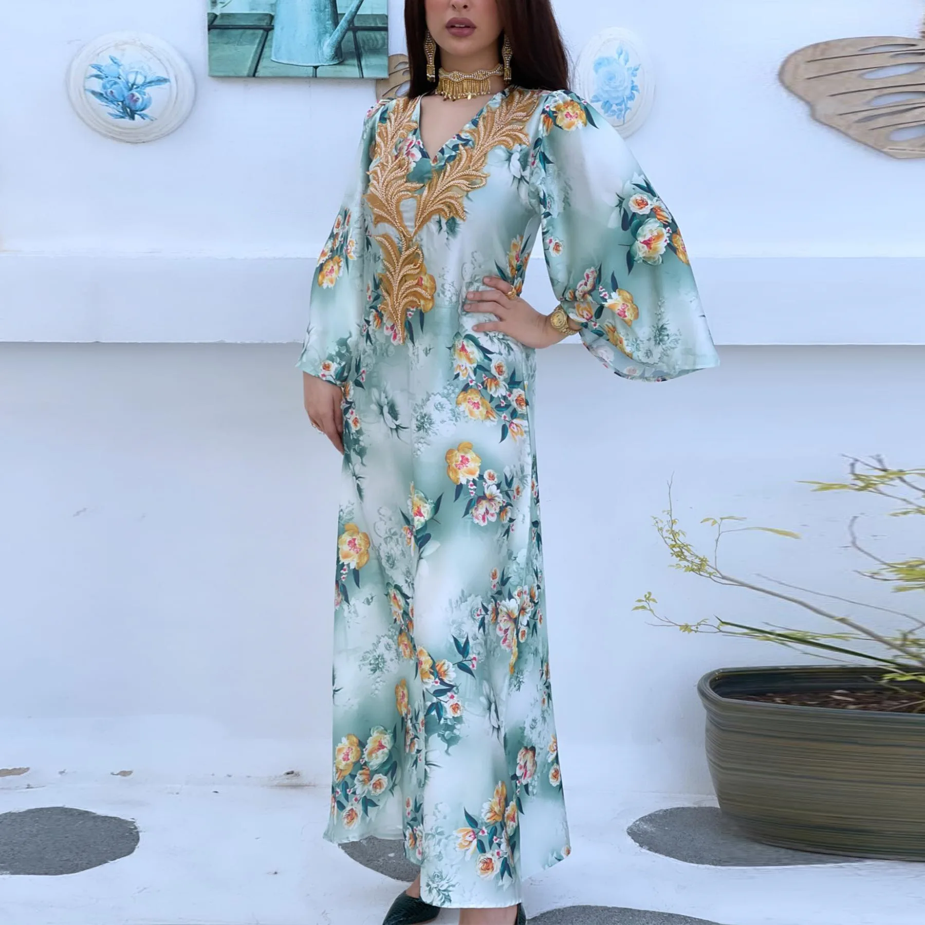 

Ramadan Eid Dubai Fashion Arab Summer Long Printing Chiffon Muslim Dress Abayas For Woman Plus Size Clothing Robe Femme