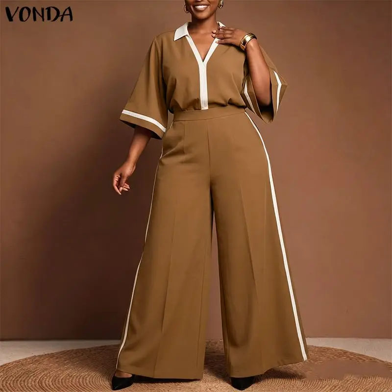 Фото VONDA Элегантные летне-осенние женские брючные костюмы, комплекты больших размеров с пэчворком, женские топы с рукавом 3/4, широкие брюки, уличная одежда, размеры L-5XL №2