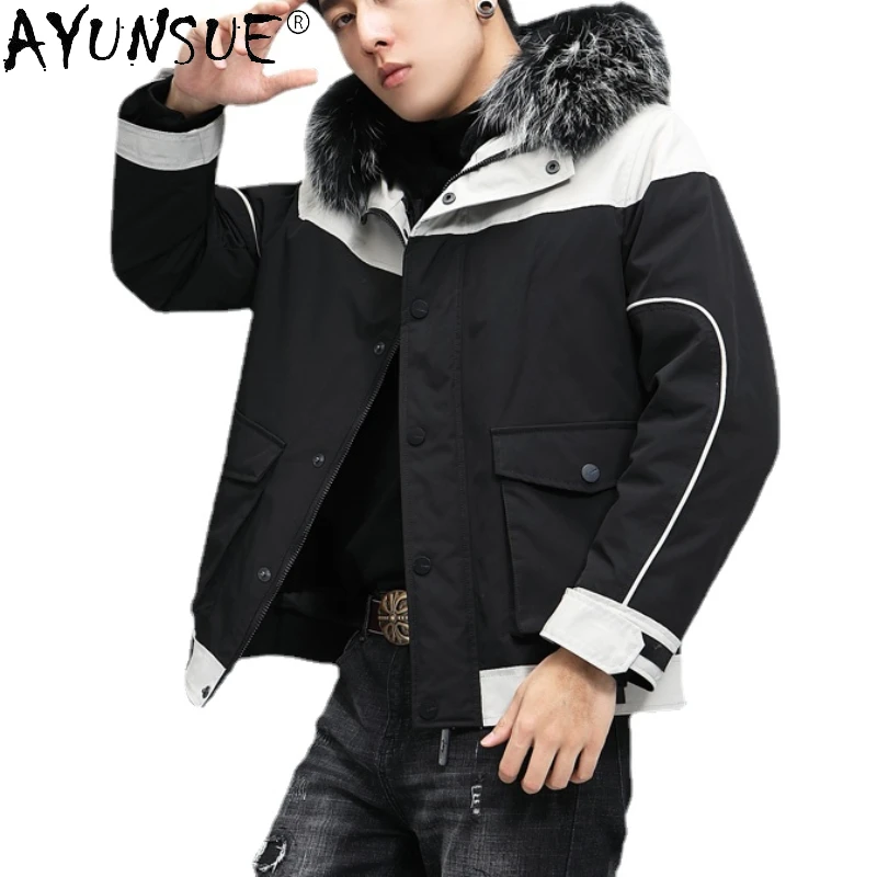 

AYUNSUE Rex Rabbit Fur Jacket Men Raccoon Fur Collar Winter Coat Men Clothing Short Hooded Parka Casaco Pele Coelho Natural