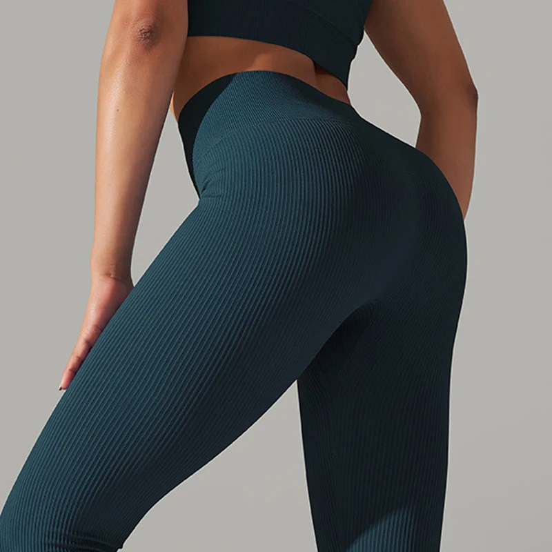 

Бесшовные женские леггинсы в рубчик, пикантные штаны для йоги с высокой талией и эффектом пуш-ап, однотонные спортивные Леггинсы для тренировок и фитнеса