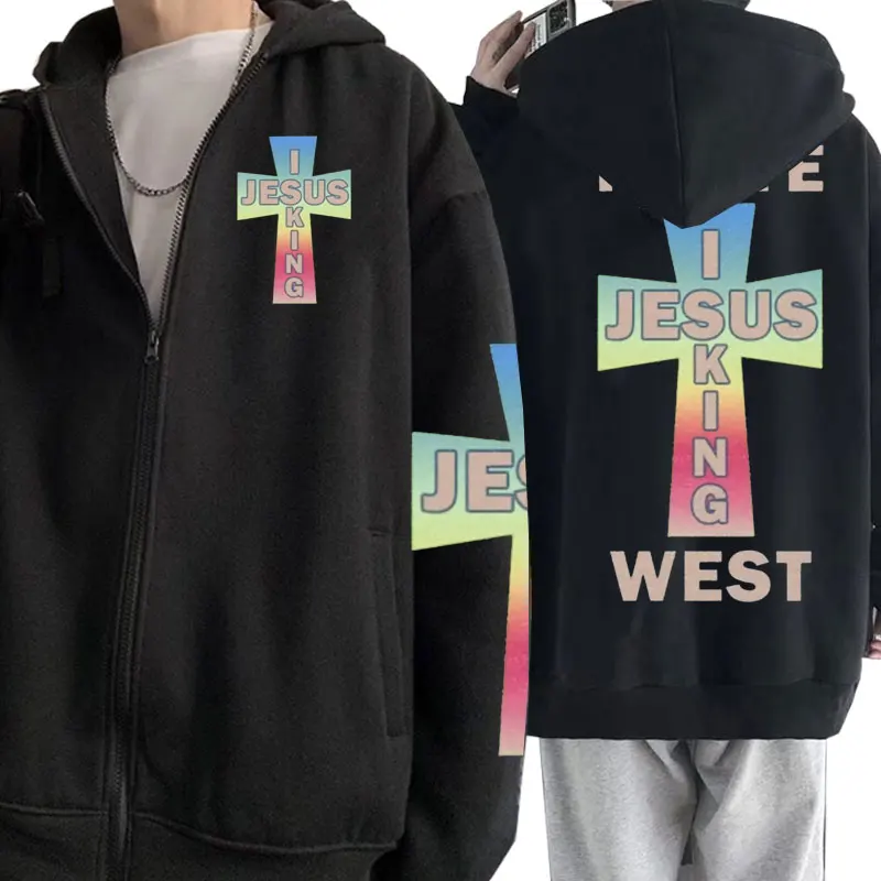

Cross Skeleton Skull Graphic Zip Hoodies Men Women Streetwear Hip Hop Rapper Kanye West I Jesus King Logo Print Zipper Hoodie