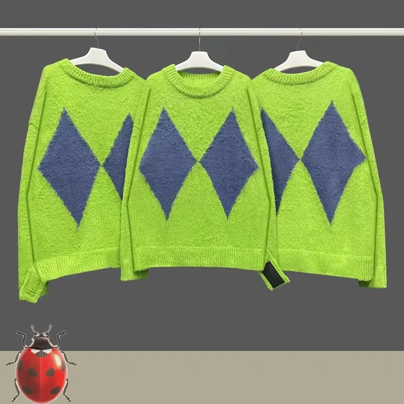 

WE11DONE Embroidery Double Diamond Square Sweater High Quality Knitt Green Sweater Pullover One Size