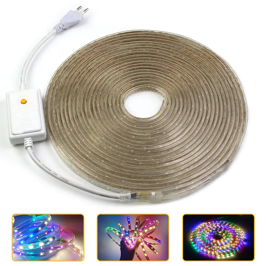 

220V LED Strip Colorful Flash Waterproof Red Green Blue White Pink Yellow Color Changeable LED Tape Strip Light 8 Modes EU Plug