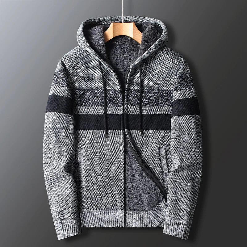 Men's Autumn and Winter Plus Velvet Thick Striped Stitching Sweater Knitted Cardigan Jacket Hooded 5 Colors Casual Loose New