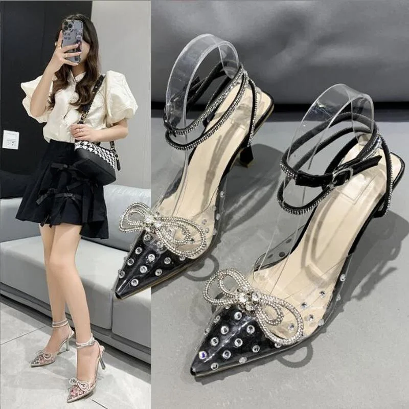 

Spring/Autumn 2022 Women's Shoes Fashion PVC Butterfly-Knot Narrow Band Bling Patchwork Cross-Tied Crystal Pointed Toe Pumps