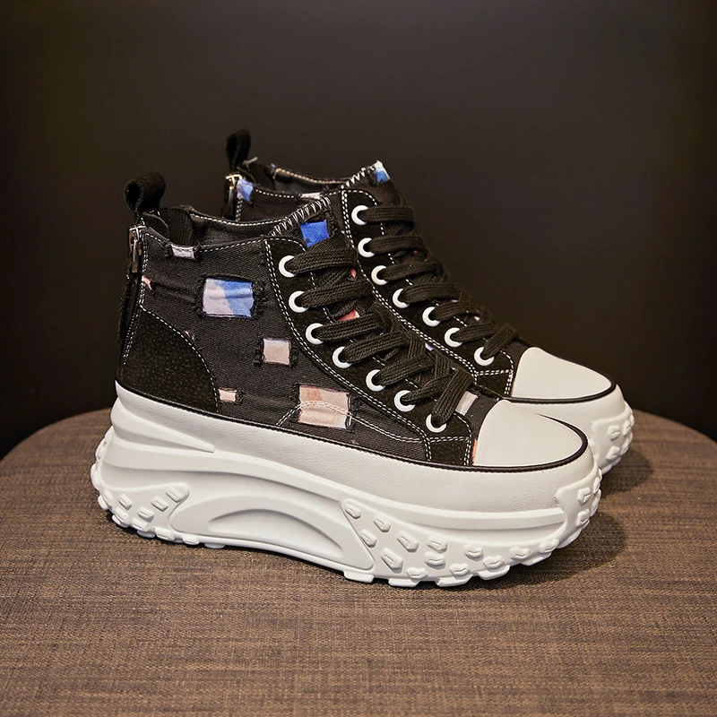 Canvas Platform Sports Shoes for Women 2023 Designer Casual Sneakers Girls Flats Zipper Hidden Heels Chic Elegant Athletic Shoe