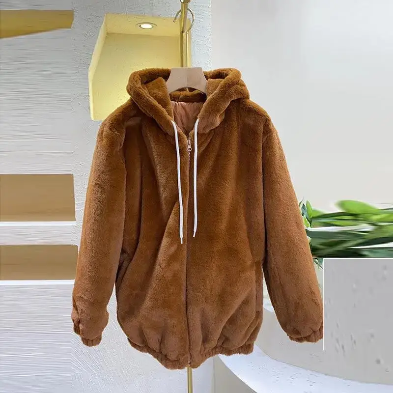 Plush Thickening Faux Rabbit Fur Hooded Jacket Women 2023 Winter New jackets Loose Long Sleeves Outerwear Fashion Female Coat