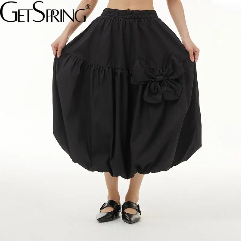 

GetSpring Women Skirt Temperament Bow Elastic Waist Large Hem Long Skirts Loose Casual All Match Ladies Skirt Spring Summer 2022