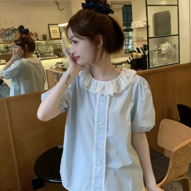 Корейский стиль весна-лето рубашка с короткими рукавами топы кружевная