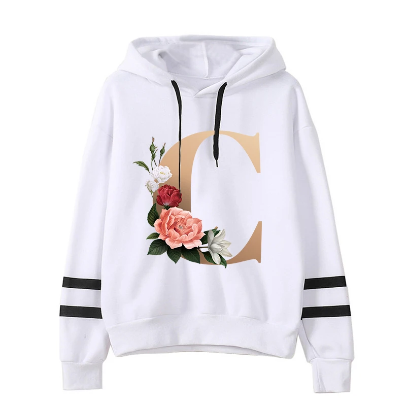 26 Floral alphabet font classic Hoodie Women hoodies Graphic Streetwear Winter Warm Fashion female Sweatshirts Women Clothing