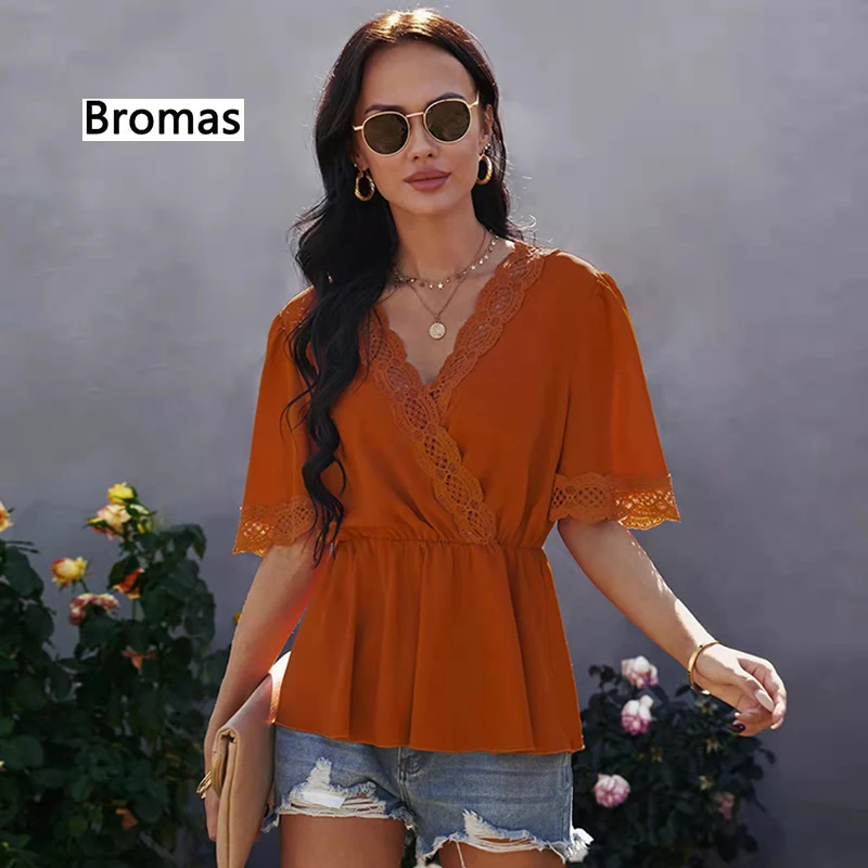 

2022 Summer New Casual Fashion Shirts Loose Solid Color V-Neck Half-Sleeves Lace Lace Open Back Hem Waisted Women's Tops