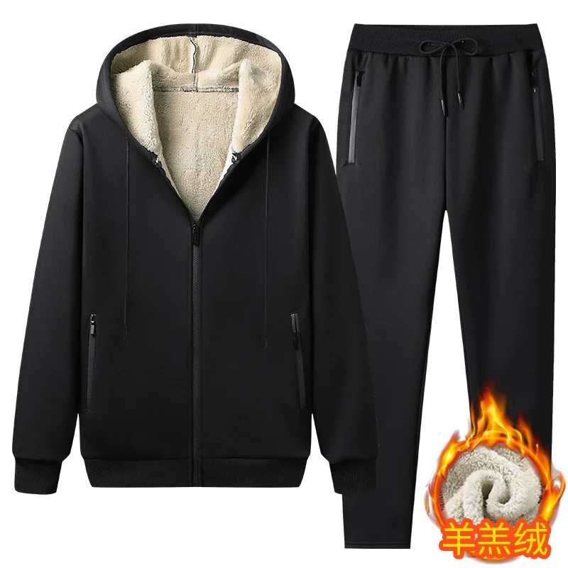 

New Men Winter Sets Fleece Thicken Warm Sports Suit Tracksuit Men's Hooded Sportswear Zipper Hoodies+Pants 2 Pieces Casual Set