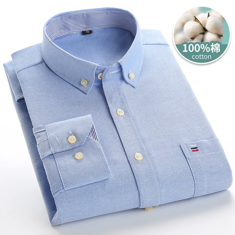Four Seasons New Men's Shirt 100% Cotton Plaid Solid Color Comfortable Oxford Spinning Long Sleeve Casual Business Slim Shirt